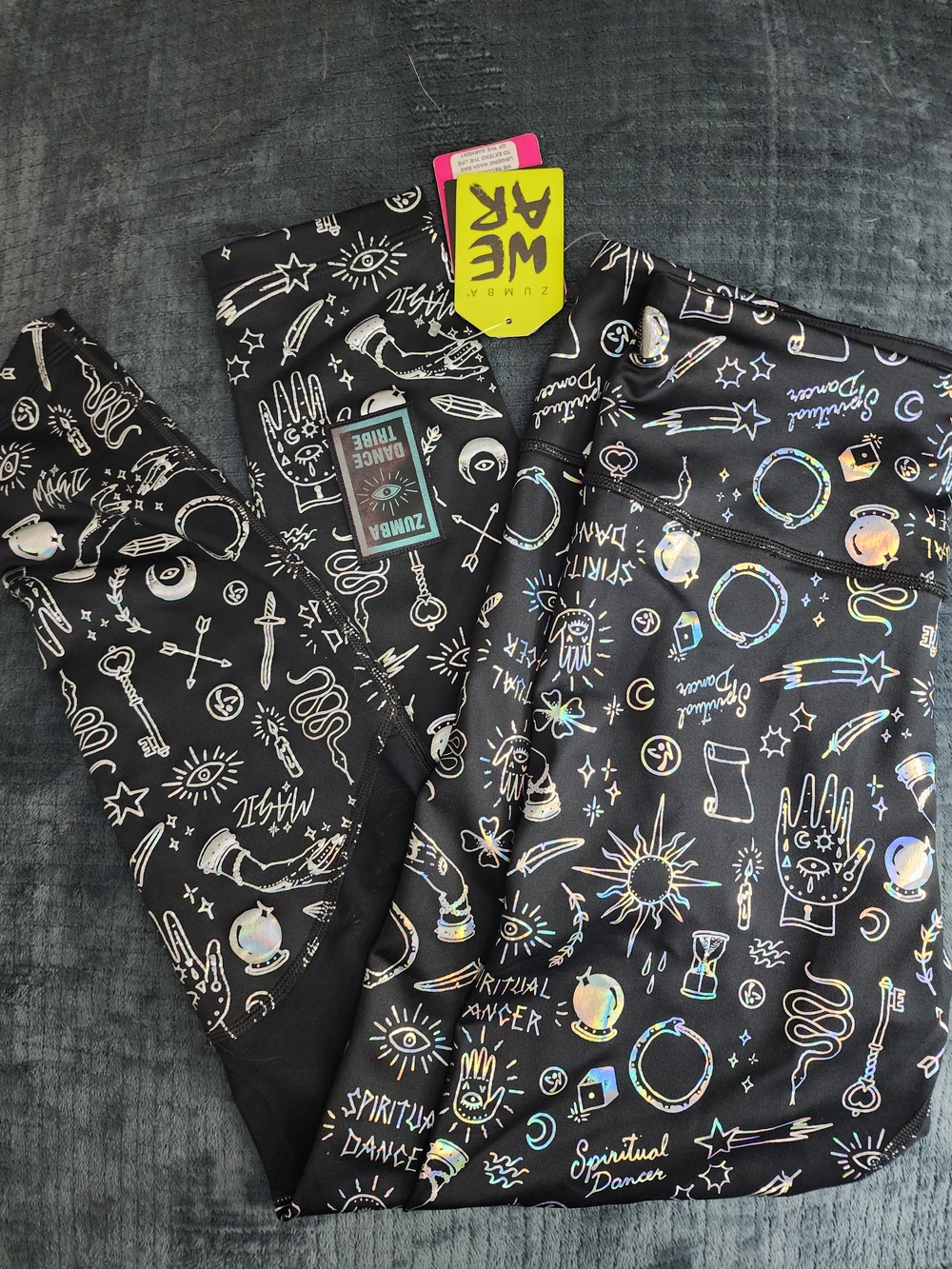 NWT Zumba Fitness Black Leggings with Holographic Mystical Icons